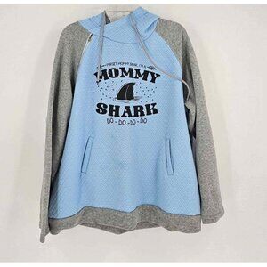 Plus Size 4XL Mommy Shark Blue & Gray Raglan Pullover Hoodie Double Hood